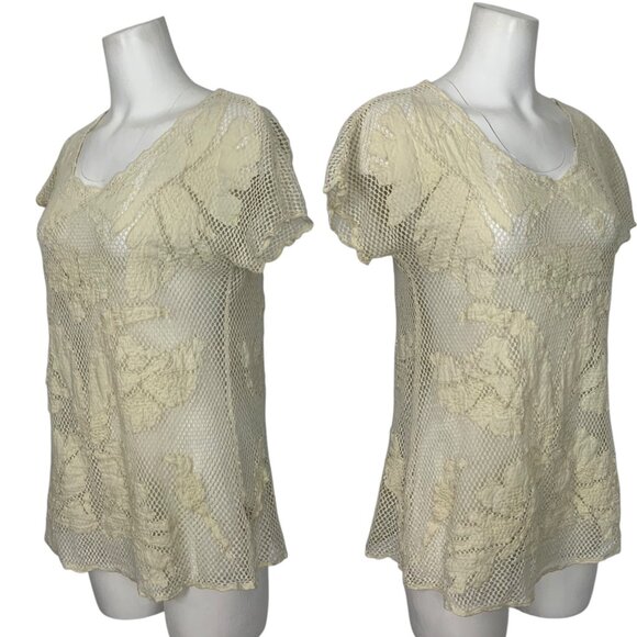 Anthropologie Lilka Mesh Appliqued Tunic Top S Cream Coverup Cap Sleeve Bohemian - Picture 3 of 11